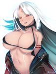  azur_lane bare_shoulders bikini_top black_hair black_jacket breasts cleavage collarbone commentary_request eyebrows_visible_through_hair half-closed_eyes highres jacket large_breasts long_hair long_sleeves looking_at_viewer massachusetts_(azur_lane) micro_bikini_top multicolored_hair native_american navel open_clothes open_mouth red_eyes shiki_(psychedelic_g2) silver_hair simple_background smile solo stomach swimsuit swimsuit_under_clothes tan twitter_username unzipped upper_teeth white_background zipper 