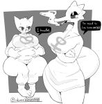  2018 anthro bea_(nitw) belly belly_grab big_breasts breasts cat cigarette claws cleavage clothed clothing crocodilian deep_navel dialogue dress duo english_text eyelashes eyeshadow feline female greyscale hair mae_(nitw) makeup mammal midriff monochrome night_in_the_woods overweight overweight_female reptile sakana8888888 scales scalie sitting smoking speech_bubble standing text thick_thighs tight_clothing wide_hips 