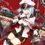  azur_lane bangs banner blue_eyes boots breasts cannon cape cleavage commentary_request cross cross_earrings earrings eyebrows_visible_through_hair fur-trimmed_boots fur-trimmed_cape fur_trim gloves hair_between_eyes hand_on_own_chin hat highres holding holding_pole jacket jewelry large_breasts long_hair looking_at_viewer machinery military military_uniform norwegian_flag peaked_cap pencil_skirt rigging shaded_face short_hair sidelocks silver_hair sitting skirt solo sukemyon thigh_boots thighhighs thighs tirpitz_(azur_lane) turret uniform white_gloves 