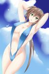  1girl :o aile alternate_breasts_size armpits arms_over_head arms_up bangs blue_swimsuit breasts brown_hair cloud cowboy_shot dutch_angle erect_nipples female green_eyes hair_between_eyes hips inti_creates large_breasts legs_together long_hair navel open_mouth rockman rockman_zx rockman_zx_advent sideboob sky slingshot_swimsuit solo standing summer swimsuit tgxx3300 water_drop water_drops wet 