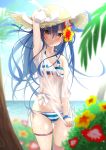  ass_visible_through_thighs bikini blue_hair blurry blush breasts commentary_request depth_of_field flower hair_flower hair_ornament hand_on_headwear hat highres idolmaster idolmaster_(classic) kisaragi_chihaya long_hair ocean sarujie_(broken_monky) shirt_pull side-tie_bikini skindentation small_breasts solo straw_hat striped striped_bikini swimsuit swimsuit_under_clothes thighs very_long_hair 
