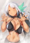  against_fourth_wall against_glass armlet azur_lane bare_shoulders bikini_top black_bikini_top blush body_writing breasts choker cleavage colored_eyelashes dark_skin fingernails hair_ornament hands_up large_breasts leaning_forward long_hair looking_at_viewer massachusetts_(azur_lane) midriff native_american navel outstretched_hand parted_lips pokachu red_eyes silver_hair solo steam sweat very_long_hair wet 
