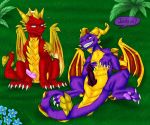  angry claws comparing dialogue dragon english_text erection fangs feral flame_the_dragon frown grass grin horn male penis scalie shalonesk smile smirk spyro spyro_the_dragon teeth text video_games watermark western_dragon wings 