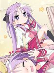  black_legwear blue_eyes blush bow closed_eyes eyebrows_visible_through_hair hair_bow hiiragi_kagami hiiragi_tsukasa ixy long_hair long_sleeves lucky_star multiple_girls nose_blush outstretched_hand pink_neckwear pleated_skirt purple_hair red_skirt ryouou_school_uniform school_uniform serafuku siblings sisters skirt star tsurime twins yellow_bow 