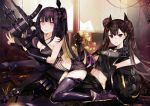  architect_(girls_frontline) asymmetrical_clothes bangs banned_artist bare_shoulders black_footwear black_gloves black_legwear black_sailor_collar black_serafuku black_shirt black_shorts black_skirt boots bow breast_press breasts brown_eyes brown_hair cleavage commentary_request evil_grin evil_smile eyebrows_visible_through_hair girls_frontline gloves grin hair_bun high_heel_boots high_heels indoors knee_boots long_hair looking_at_viewer medium_breasts multiple_girls object_hug ouroboros_(girls_frontline) parted_lips pink_eyes pleated_skirt purple_footwear purple_hair purple_legwear reclining sailor_collar sangvis_ferri school_uniform serafuku shirt short_shorts short_sleeves shorts side_bun skirt smile striped tetsubuta thighhighs twintails v-shaped_eyebrows vertical_stripes very_long_hair weapon white_bow window 