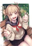  :d artist_name bangs bench blonde_hair blunt_bangs boku_no_hero_academia cardigan claw_pose commentary_request double_bun eyebrows_visible_through_hair fangs grass hair_bun highres long_sleeves looking_at_viewer open_mouth outdoors pleated_skirt re_(re_09) school_uniform serafuku signature sitting skirt smile solo teeth toga_himiko yellow_eyes 