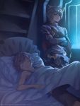  against_wall animal_ears bed blue_hair blue_shirt brown_hair brown_shorts closed_eyes crossed_arms drooling erune gran_(granblue_fantasy) granblue_fantasy looking_at_another lying multiple_boys night on_back ouno_mayumi shirt shorts six_(granblue_fantasy) sleeping tank_top tumblr_username under_covers 