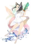  animal_ears ball barefoot beachball black_hair blue_eyes cat_ears commentary_request highres holding one-piece_swimsuit original see-through shirt short_hair short_hair_with_long_locks solo swimsuit swimsuit_under_clothes t-shirt water water_gun yunar 