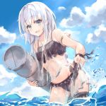  bikini black_bikini blue_eyes blue_sky blush breasts cloud cloudy_sky commentary_request day eyebrows_visible_through_hair hibiki_(kantai_collection) kantai_collection long_hair ocean open_mouth outdoors shinsoyori silver_hair sky small_breasts smile solo swimsuit thighs verniy_(kantai_collection) wading water water_drop 