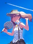  aircraft airplane artist_name blue_sky brown_eyes brown_hair brown_skirt commentary_request condensation_trail dated day fan highres kantai_collection magatama pleated_skirt ryuujou_(kantai_collection) shirt skirt sky sleeveless sleeveless_shirt solo suspenders sweat tonami_kanji twintails upper_body visor_cap white_shirt 