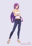  arms_under_breasts blue_pants blush breast_hold breasts brown_eyes cleavage contrapposto crossed_arms full_body highres large_breasts long_hair looking_away midriff navel original pants purple_hair rainmaker shirt shoes simple_background smile sneakers solo standing tank_top very_long_hair watermark web_address white_shirt 