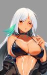  absurdres azur_lane bare_shoulders bikini_top black_hair black_jacket blush bodypaint breasts brown_eyes choker cleavage closed_mouth collarbone commentary_request covered_nipples eyebrows_visible_through_hair facepaint grey_background hand_up highres jacket large_breasts long_hair long_sleeves looking_at_viewer massachusetts_(azur_lane) multicolored_hair nail_polish native_american open_clothes open_jacket open_mouth silver_hair simple_background solo swimsuit swimsuit_under_clothes tan unzipped upper_body white_nails xiang_cheng_(nido) 