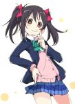  black_hair blazer bow cardigan hair_bow ixy jacket love_live! love_live!_school_idol_project open_blazer open_clothes open_jacket otonokizaka_school_uniform pink_cardigan red_eyes school_uniform short_hair skirt smile solo standing twintails yazawa_nico 