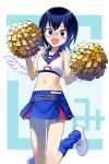  :d alternate_costume angel_wings bare_shoulders blue_background blue_eyes blue_hair blue_legwear blue_skirt cheerleader chiba_lotte_marines collarbone collared_shirt commentary commentary_request glasses hiboshi_daizu highres jumping komiyama_kotomi midriff miniskirt open_mouth partial_commentary pom_poms shirt short_hair skirt sleeveless sleeveless_shirt smile socks solo striped striped_shirt undershirt watashi_ga_motenai_no_wa_dou_kangaetemo_omaera_ga_warui! white_footwear white_shirt white_wings wings 