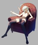  absurdres ahoge armchair bare_shoulders black_legwear blue_eyes breasts center_frills chair collared_shirt cozy crop_top drooling dropping food full_body grey_background head_tilt highres hot long_legs looking_away midriff no_shoes open_mouth original popsicle reclining saliva sanpaku shirt short_hair_with_long_locks shorts sidelocks simple_background sitting sleeveless sleeveless_shirt solo spread_legs suspenders sweat thighhighs white_hair 