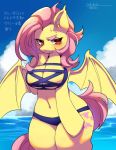  2018 alternate_species bat_pony bat_wings beach bikini blush breasts clothed clothing cloud cutie_mark dialogue equine eyebrows eyelashes female flutterbat_(mlp) fluttershy_(mlp) friendship_is_magic hair hooves japanese_text looking_at_viewer mammal membranous_wings my_little_pony navel outside pink_hair portrait red_eyes sea seaside semi-anthro signature sky solo standing sweat swimsuit text thick_thighs three-quarter_portrait translation_request water wet wings zakro 