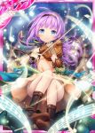  akkijin blue_eyes boots bow_(instrument) card_(medium) dress instrument looking_at_viewer multicolored multicolored_clothes multicolored_dress music musical_note night night_sky official_art outdoors pink_hair playing_instrument purple_ribbon ribbon shinkai_no_valkyrie sky smile solo star star_(sky) starry_sky violin yellow_dress 