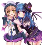  animal_ears bangs blue_hair blush breasts brown_hair cat_ears cat_girl cat_paws closed_mouth commentary_request crossed_bangs dot_nose eyebrows_visible_through_hair eyelashes eyes_visible_through_hair fake_animal_ears fang frills gloves gold_trim halloween happy hat highres kunikida_hanamaru large_breasts lips long_hair long_sleeves looking_at_viewer love_live! love_live!_sunshine!! mini_hat mini_top_hat multiple_girls open_mouth paw_gloves paw_pose paws purple_eyes raised_eyebrows ringed_eyes side_bun simple_background sketch_eyebrows sleeveless slit_pupils smile standing tilted_headwear top_hat tsushima_yoshiko vivian_(lancerhd) white_background yellow_eyes 