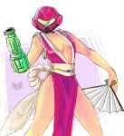  anato0350 arm_cannon bare_arms bare_legs breasts cleavage commentary cosplay crossover fan fatal_fury helmet japanese_clothes kimono metroid obi red_kimono revealing_clothes rope samus_aran sash shiranui_mai shiranui_mai_(cosplay) solo the_king_of_fighters thighs visor weapon 