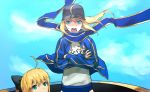  ahoge artoria_pendragon_(all) black_bow blonde_hair blue_eyes blue_jacket blue_scarf blue_sky bow clothes_writing crossed_arms day eyebrows_visible_through_hair fate/grand_order fate_(series) floating_hair hair_bow jacket long_sleeves looking_at_viewer multiple_girls mysterious_heroine_x open_mouth outdoors parody ponytail saber_lily scarf shirt sky standing tengen_toppa_gurren_lagann white_shirt wind zonotaida 