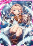  akkijin blonde_hair blue_eyes blue_ribbon boots bow_(instrument) card_(medium) dress instrument looking_at_viewer music musical_note night night_sky official_art outdoors playing_instrument ribbon shinkai_no_valkyrie sky smile solo star star_(sky) starry_sky violin white_dress 