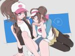  arm_support bangs baseball_cap black_legwear black_wristband blue_eyes breasts brown_hair commentary_request cutoffs double_bun full_body hat heart hips itou_(very_ito) knees_up legwear_under_shorts long_hair long_sleeves mei_(pokemon) multiple_girls pantyhose pokemon pokemon_(game) pokemon_bw pokemon_bw2 reclining shirt shorts simple_background sitting smile spread_legs touko_(pokemon) visor_cap yellow_shorts yuri 