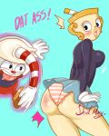  2018 animate_inanimate big_butt breasts butt clothing cuphead_(character) cuphead_(game) devilmary english_text female gloves huge_butt humanoid male ms._chalice not_furry object_head panties shocked signature skirt slapping text underwear upskirt 
