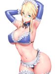  ahoge apron armpits arms_up artoria_pendragon_(all) artoria_pendragon_(lancer) bikini blonde_hair blue_bikini blue_gloves breasts commentary_request elbow_gloves fate/grand_order fate_(series) gloves green_eyes highres kageshio_(276006) large_breasts long_hair looking_at_viewer maid_bikini maid_headdress navel shiny shiny_skin simple_background solo standing swimsuit thighhighs white_background 