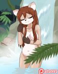  2018 alfa995 animated anthro black_nose breasts brown_hair cervine convenient_censorship digital_media_(artwork) doe_(alfa995) eyes_closed female hair jungle leaves long_hair mammal navel partially_submerged patreon smile solo water waterfall 