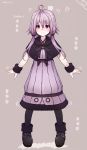  1girl 2018 ahoge bangs black_capelet black_footwear black_legwear boots capelet character_name dated dot_nose dress eyebrows_visible_through_hair full_body fur-trimmed_boots fur-trimmed_dress fur_trim hachikuji hair_between_eyes heart heart_of_string highres low_twintails motion_lines pantyhose purple_dress purple_eyes purple_hair smile snail solo standing twintails v-shaped_eyebrows vocaloid voiceroid wristband younger yuzuki_yukari 