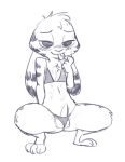  2018 anthro balls barely_contained bedroom_eyes bikini blue_and_white blush chest_tuft clothed clothing crossdressing crouching cum cum_covered cum_on_body disney ear_markings erection facial_markings fuel_(artist) fur_markings half-closed_eyes head_tuft jack_savage lagomorph male mammal markings messy monochrome navel penis poking_out rabbit seductive simple_background smile solo swimsuit tongue tongue_out tuft white_background zootopia 
