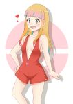  :d aqua_eyes bangs bare_shoulders blonde_hair blunt_bangs breasts gradient_hair green_eyes hand_on_hip heart kamikitayotsuba long_hair looking_at_viewer medium_breasts multicolored_hair naked_overalls no_bra open_mouth overalls pink_hair poke_ball_symbol pokemon pokemon_(anime) pokemon_(game) pokemon_m21 risa_(pokemon) smile solo standing 