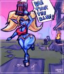  2018 alcohol beer beverage big_breasts blush booty_shorts breasts cephei clothing drunk english_text female footwear happy high_heels huge_breasts league_of_legends macro nipple_bulge outside platform_footwear platform_heels poppy_(lol) riot_games shoes shortstack solo standing text thick_thighs tight_clothing video_games wide_hips yordle 