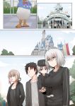  2girls ahoge artoria_pendragon_(all) breasts brown_hair bubble_blowing carrying comic commentary disney disneyland donald_duck faceless faceless_male fate/grand_order fate_(series) father_and_son fujimaru_ritsuka_(male) ginhaha hair_ribbon hat jeanne_d'arc_(alter)_(fate) jeanne_d'arc_(fate)_(all) jewelry large_breasts mother_and_son multiple_boys multiple_girls necklace ribbon saber_alter short_hair silent_comic silver_hair track_suit 