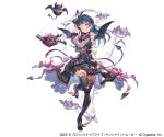  ;d bat_wings black_dress black_legwear black_skirt blue_hair book bow company_name demon_tail demon_wings dress dress_bow granblue_fantasy hand_up long_hair love_live! love_live!_sunshine!! official_art one_eye_closed open_book open_mouth pink_bow skirt smile solo standing standing_on_one_leg tail thighhighs tsushima_yoshiko wings 