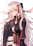  black_legwear breasts commentary_request fate/grand_order fate_(series) flower_knot gold_trim hair_ribbon hakuishi_aoi large_breasts long_hair looking_at_viewer okita_souji_(alter)_(fate) okita_souji_(fate)_(all) ribbon sitting solo tassel thighhighs underboob very_long_hair white_hair yellow_eyes 