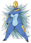  aqua_skin big_hair blue_skin breasts claws closed_mouth commentary fighting_stance frown furry gen_5_pokemon holding large_breasts legs_apart long_hair looking_at_viewer narrow_waist navel no_nipples nude personification pokemon pokemon_(creature) samurott seiryu_keita serious spiked_hair standing thick_thighs thighs tsurime two-tone_skin very_long_hair white_hair 