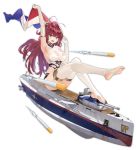  ahoge arm_up armpits azur_lane bare_shoulders barefoot bikini_bottom breasts cannon cross elbow_gloves eyebrows_visible_through_hair fang feet flag floating french_flag full_body gloves green_eyes hair_ornament hand_up holding holding_flag large_breasts leg_up long_hair looking_at_viewer machinery mr_cloud official_art open_mouth propeller red_hair sideboob sitting sleeveless soles solo stirrup_legwear surcouf_(azur_lane) thighhighs toeless_legwear torpedo transparent_background turret white_gloves white_legwear 
