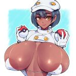  1girl absurdres aether_foundation aether_foundation_employee areola_slip areolae bikini_top blue_hair breasts dark-skinned_female dark_skin eyebrows eyebrows_visible_through_hair female gloves hat highres huge_breasts poke_ball pokemon pokemon_(game) pokemon_sm shiny shiny_skin short_hair simple_background smile solo thick_eyebrows tokyokyoto upper_body yellow_eyes 