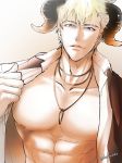  abs blue_eyes brown brown_background chest demon_horns ear_piercing eyebrow_piercing gilgames_(yasaraku) gradient gradient_background highres horns locksuke male_focus nipples open_clothes open_shirt parted_lips pectorals piercing simple_background solo twitter_username undressing upper_body yasashii_rakuen 