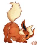  4_toes anus ass_up black_eyes chest_tuft claws eeveelution female feral flareon fur looking_at_viewer looking_back nintendo orange_fur orange_nose orange_pawpads pawpads ph0que pok&eacute;mon pok&eacute;mon_(species) pussy raised_tail rear_view simple_background solo tan_tail toes tuft video_games white_background 
