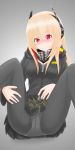  acc123211 black_hoodie black_legwear black_scarf black_skirt blush commentary frilled_skirt frills girls_frontline hand_on_hip hand_on_own_stomach headgear highres hood hoodie hoodie_vest legs_up m4_sopmod_ii_(girls_frontline) multicolored_hair naughty_face panties pantyhose red_eyes scarf skirt smile spread_legs underwear vest 