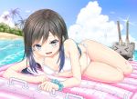  &gt;_&lt; air_mattress anchor_symbol asashio_(kantai_collection) beach bikini black_hair blue_eyes blue_sky blurry blush breasts cannon cloud cloudy_sky commentary_request day depth_of_field dutch_angle eyebrows_visible_through_hair front-tie_bikini front-tie_top gotou_hisashi kantai_collection long_hair looking_at_viewer lying navel ocean on_side open_mouth outdoors palm_tree rensouhou-chan scrunchie side-tie_bikini sky small_breasts smile swimsuit tree turret water_drop white_bikini wrist_scrunchie 