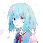  blue_eyes blue_hair blue_vest cherry_blossoms collar frilled_collar frills heterochromia juliet_sleeves long_sleeves mikoko puffy_sleeves red_eyes red_ribbon ribbon short_hair simple_background solo tatara_kogasa tongue tongue_out touhou vest white_background 