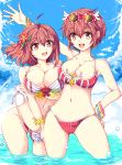  :d bad_id bad_pixiv_id bare_shoulders bikini breasts brown_hair cleavage commentary echizen_(hvcv) eyewear_on_head fire_emblem fire_emblem_if flower groin hair_flower hair_ornament highres hinoka_(fire_emblem_if) large_breasts medium_breasts multiple_girls navel open_mouth pink_eyes pink_hair red_bikini red_hair sakura_(fire_emblem_if) siblings side-tie_bikini sisters smile sunglasses swimsuit untied untied_bikini wardrobe_malfunction wristband 