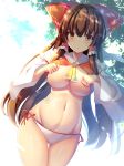  absurdres armpits ascot ass_visible_through_thighs bare_shoulders belly bikini bikini_bottom blush bow breasts brown_hair clenched_hands commentary_request curvy detached_sleeves dutch_angle groin hair_bow hair_ribbon hair_tubes hakurei_reimu highres large_breasts lifted_by_self liya looking_at_viewer md5_mismatch navel outdoors ribbon shiny shiny_skin side-tie_bikini sidelocks solo stomach sunlight swimsuit thigh_gap thighs touhou tree wide_sleeves 