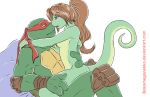  absurd_res amphibian anthro bakameganekko biceps breasts duo female hi_res male mask mona_lisa_(tmnt) ninja raphael_(tmnt) reptile salamander scalie side_boob simple_background teenage_mutant_ninja_turtles teenager turtle white_background young 