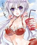  bendy_straw bikini bikini_skirt breasts cleavage drinking_straw dutch_angle eyebrows_visible_through_hair futtia groin hair_between_eyes hand_on_hip long_hair low_ponytail medium_breasts navel purple_eyes red_bikini senki_zesshou_symphogear solo swimsuit translated tropical_drink yukine_chris 