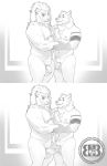  2018 5_fingers anthro anthro_on_anthro balls beard biceps big_balls bruteandbrawn canine digital_media_(artwork) duo ear_piercing erection facial_hair feline greyscale humanoid_penis lion male mammal monochrome multiple_versions muscular muscular_male navel nipples nude pecs penis penis_size_difference piercing pubes scar standing tattoo uncut wolf 