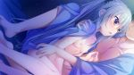  1girl barefoot blush breasts dutch_angle fukuhara_shiori game_cg gotou_nao hug kimi_to_tsunagaru_koi_flag long_hair nipples nude official_art open_mouth purple_eyes silver_hair sitting small_breasts smile solo_focus twintails 